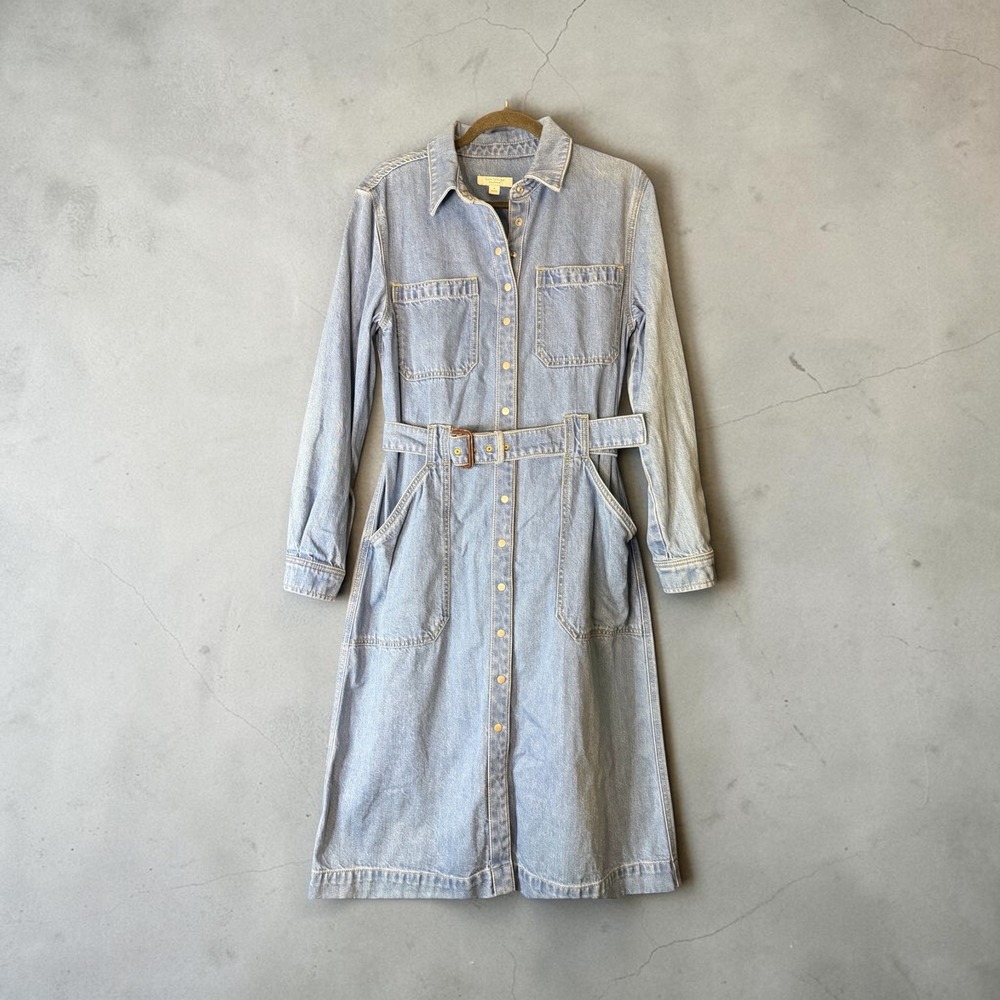 Ann Taylor Weekend Denim Midi Shirtdress Light Wash Blue Belted Long Sleeve 8